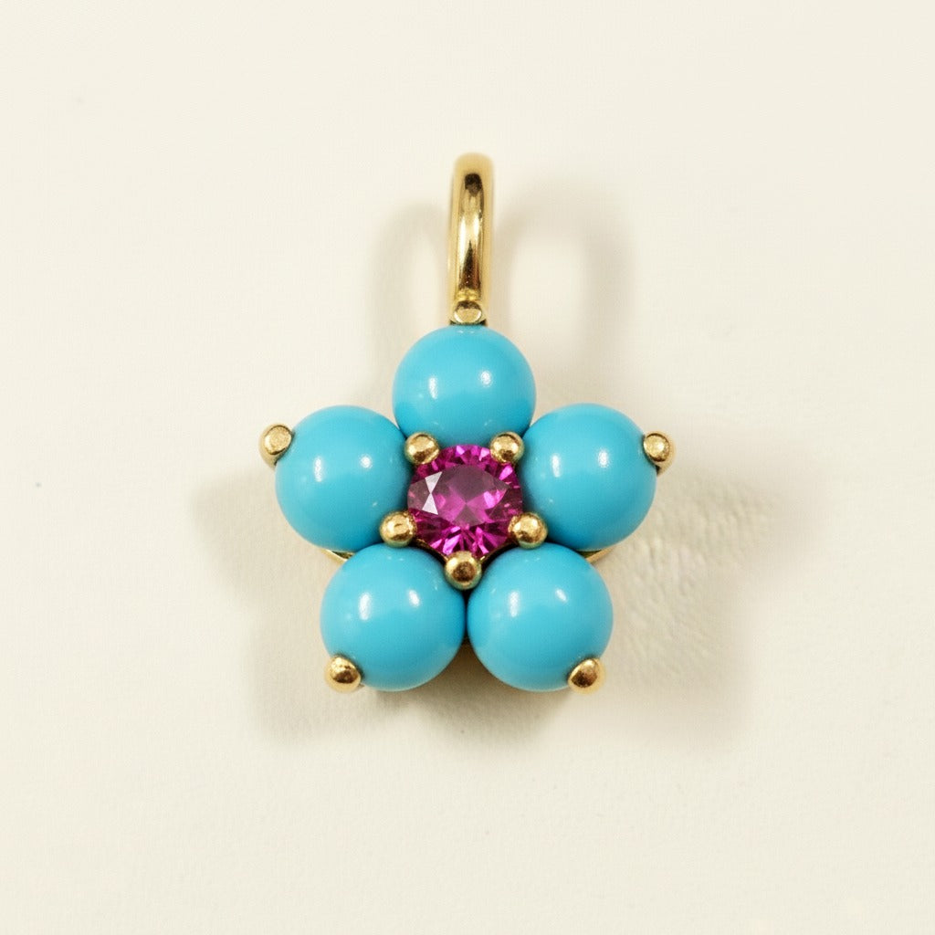 14k Yellow Gold Turquoise Flower Pendant | Tiny Gold Charm | Customize Center Stone Pendant | Handmade Jewelry.