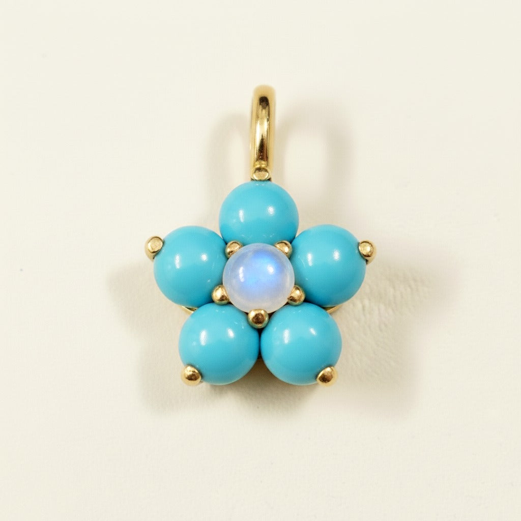 14k Yellow Gold Turquoise Flower Pendant | Tiny Gold Charm | Customize Center Stone Pendant | Handmade Jewelry.