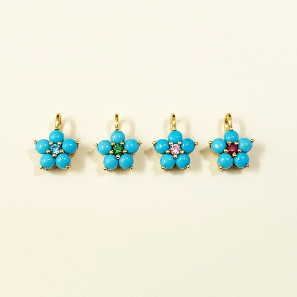 14k Yellow Gold Turquoise Flower Pendant | Tiny Gold Charm | Customize Center Stone Pendant | Handmade Jewelry.