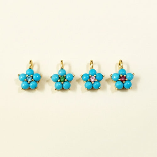14k Yellow Gold Turquoise Flower Pendant | Tiny Gold Charm | Customize Center Stone Pendant | Handmade Jewelry.