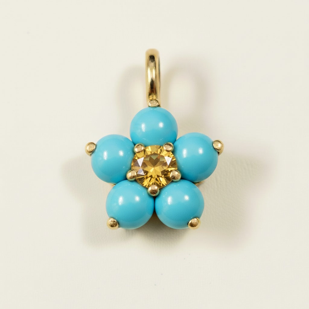 14k Yellow Gold Turquoise Flower Pendant | Tiny Gold Charm | Customize Center Stone Pendant | Handmade Jewelry.