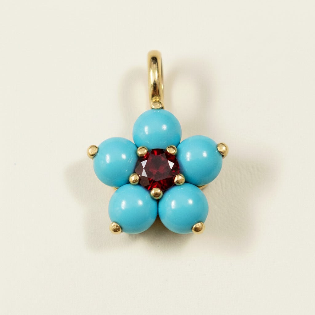 14k Yellow Gold Turquoise Flower Pendant | Tiny Gold Charm | Customize Center Stone Pendant | Handmade Jewelry.