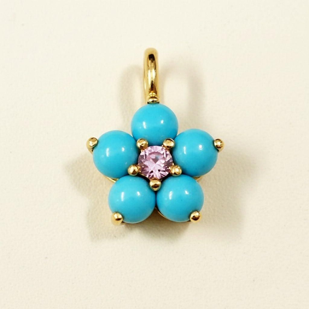 14k Yellow Gold Turquoise Flower Pendant | Tiny Gold Charm | Customize Center Stone Pendant | Handmade Jewelry.
