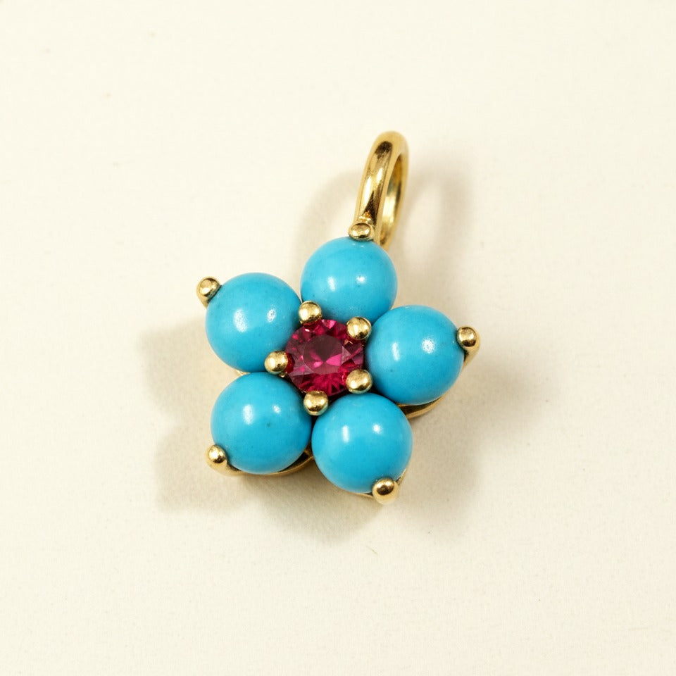 14k Yellow Gold Turquoise Flower Pendant | Tiny Gold Charm | Customize Center Stone Pendant | Handmade Jewelry.