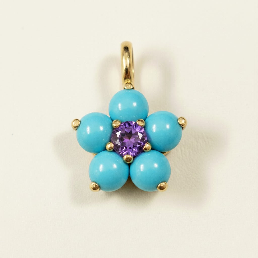 14k Yellow Gold Turquoise Flower Pendant | Tiny Gold Charm | Customize Center Stone Pendant | Handmade Jewelry.