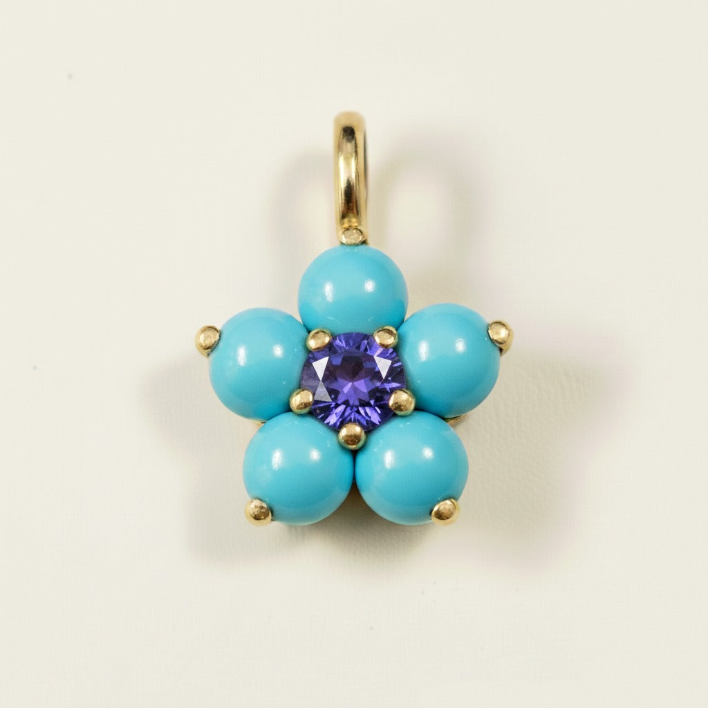 14k Yellow Gold Turquoise Flower Pendant | Tiny Gold Charm | Customize Center Stone Pendant | Handmade Jewelry.