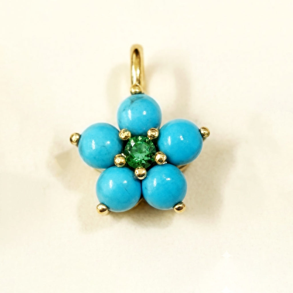14k Yellow Gold Turquoise Flower Pendant | Tiny Gold Charm | Customize Center Stone Pendant | Handmade Jewelry.