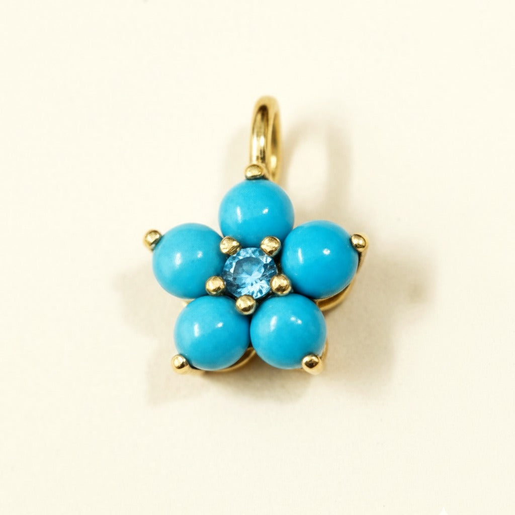 14k Yellow Gold Turquoise Flower Pendant | Tiny Gold Charm | Customize Center Stone Pendant | Handmade Jewelry.