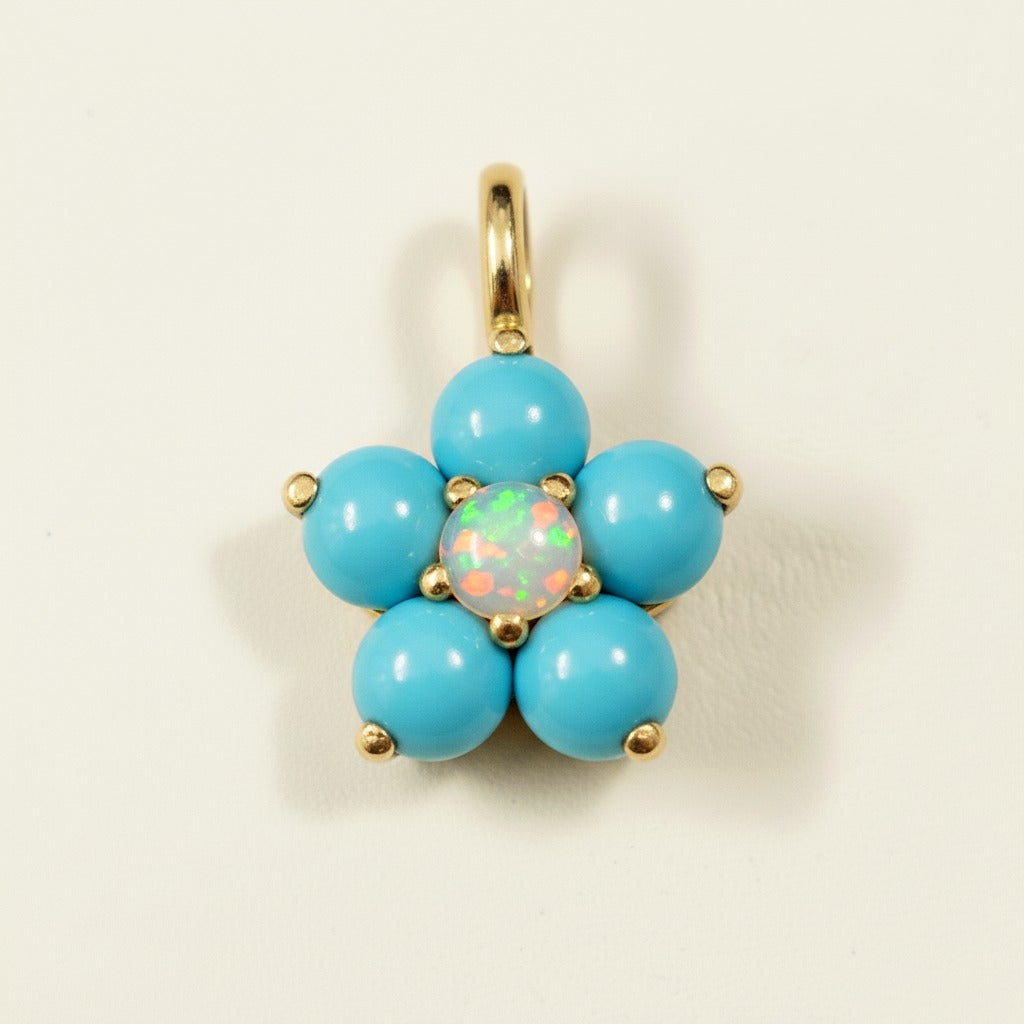 14k Yellow Gold Turquoise Flower Pendant | Tiny Gold Charm | Customize Center Stone Pendant | Handmade Jewelry.