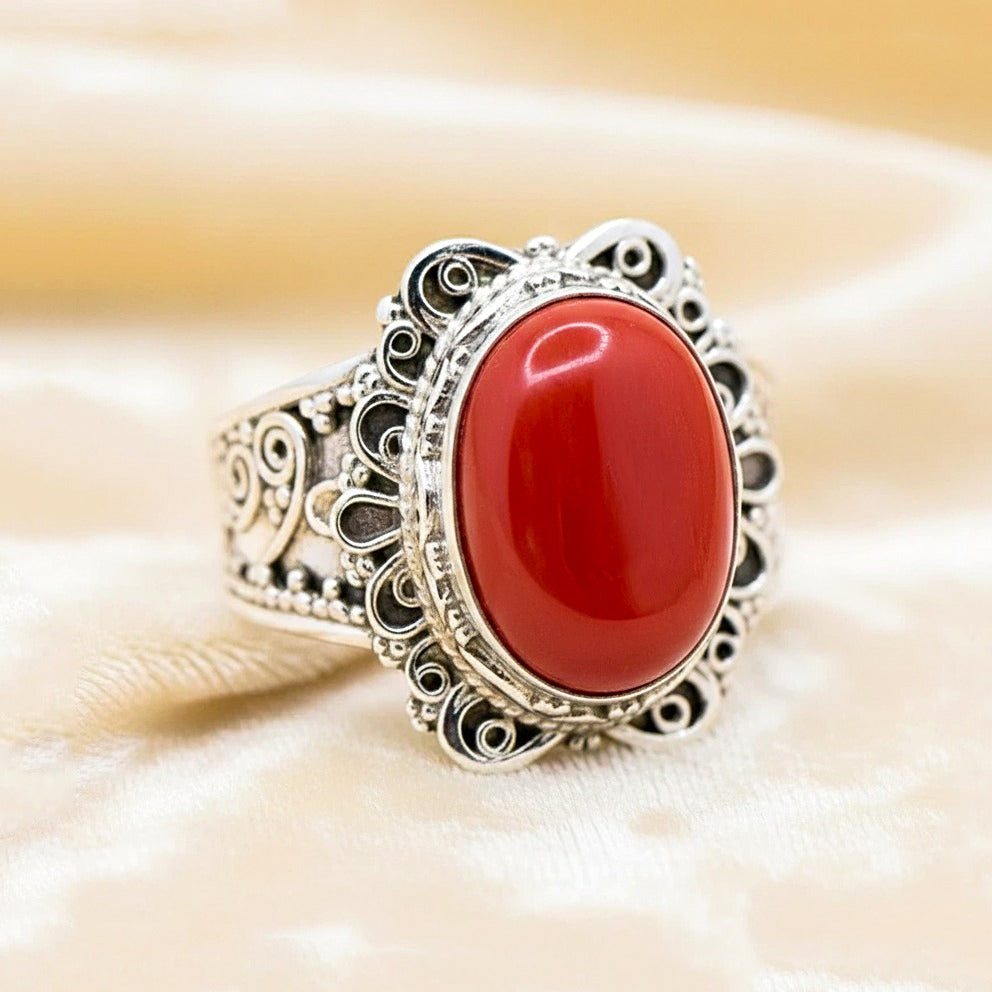 925 Sterling Silver Red Coral Ring | Vintage Filigree Statement Ring | Handmade Natural Gemstone Ring.