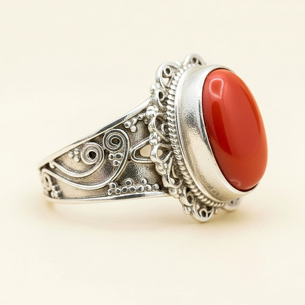 925 Sterling Silver Red Coral Ring | Vintage Filigree Statement Ring | Handmade Natural Gemstone Ring.