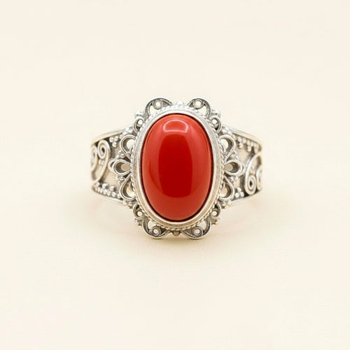 925 Sterling Silver Red Coral Ring | Vintage Filigree Statement Ring | Handmade Natural Gemstone Ring.