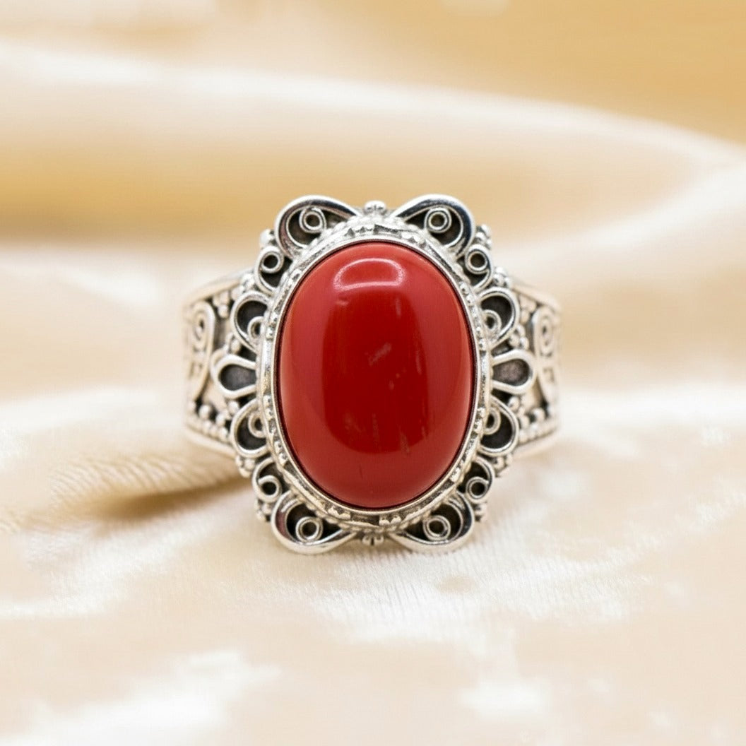 925 Sterling Silver Red Coral Ring | Vintage Filigree Statement Ring | Handmade Natural Gemstone Ring.