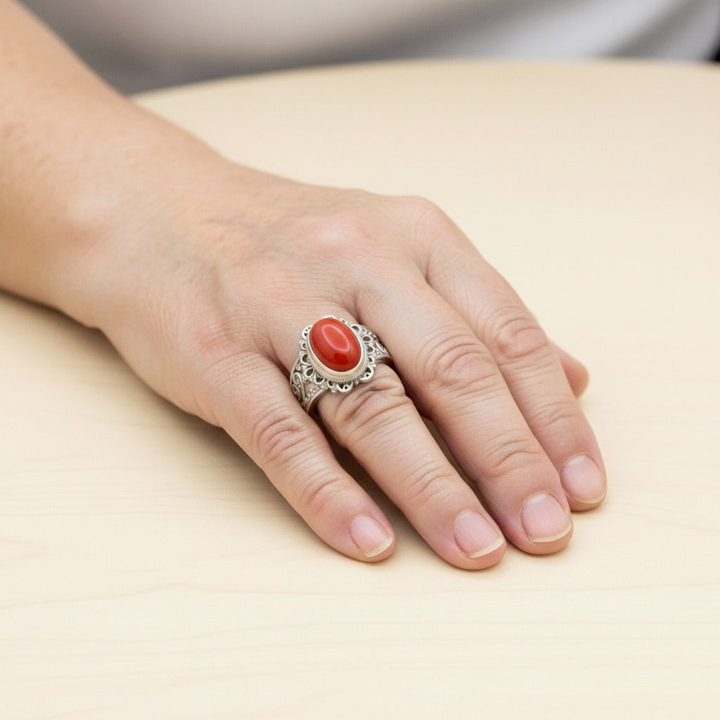 925 Sterling Silver Red Coral Ring | Vintage Filigree Statement Ring | Handmade Natural Gemstone Ring.