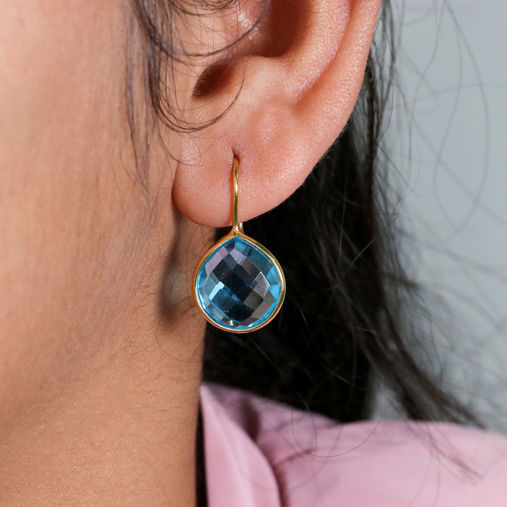 Natural Blue Topaz Dangle | Sterling Silver Earring | Faceted Gemstone Dangle.