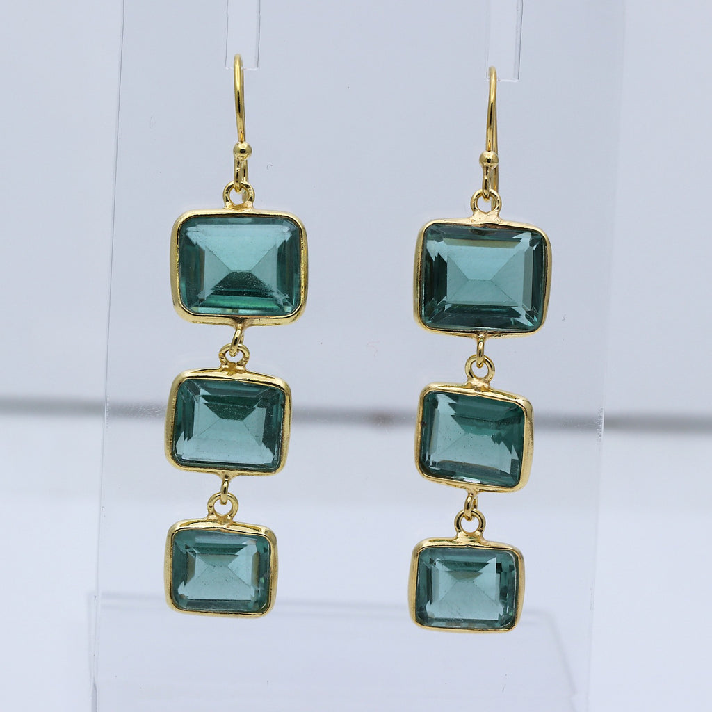 Green Tourmaline Dangle Earrings | Triple Stone Drops Earring | Sterling Silver Earring.