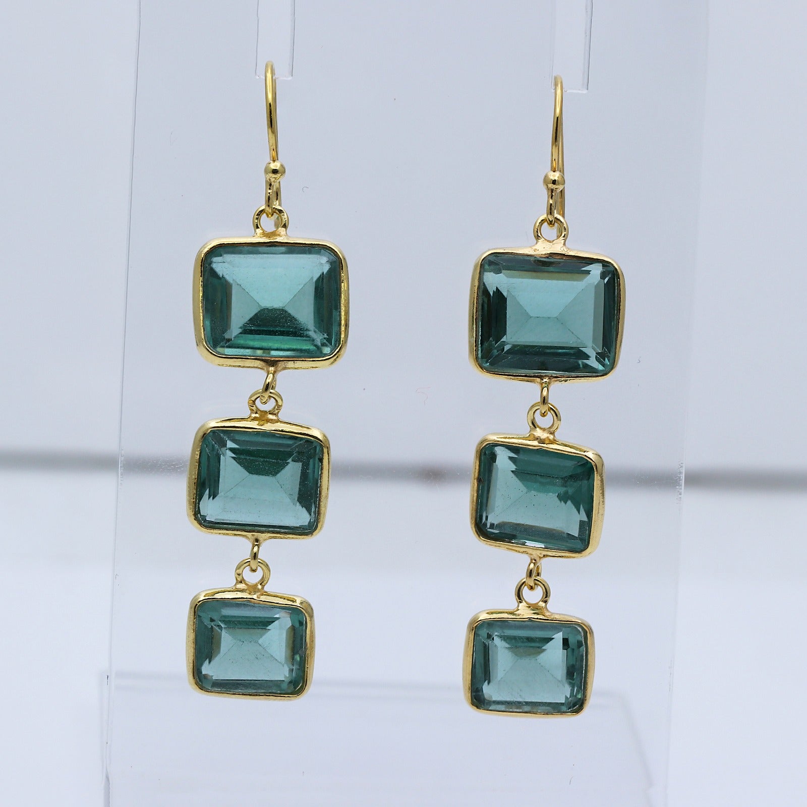Green Tourmaline Dangle Earrings | Triple Stone Drops Earring | Sterling Silver Earring.