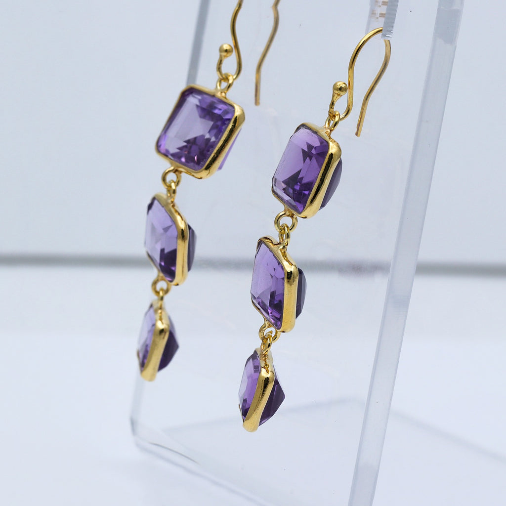 Natural Amethyst Dangle | Triple Stone Drops Earring | 925 Sterling Silver Earring.
