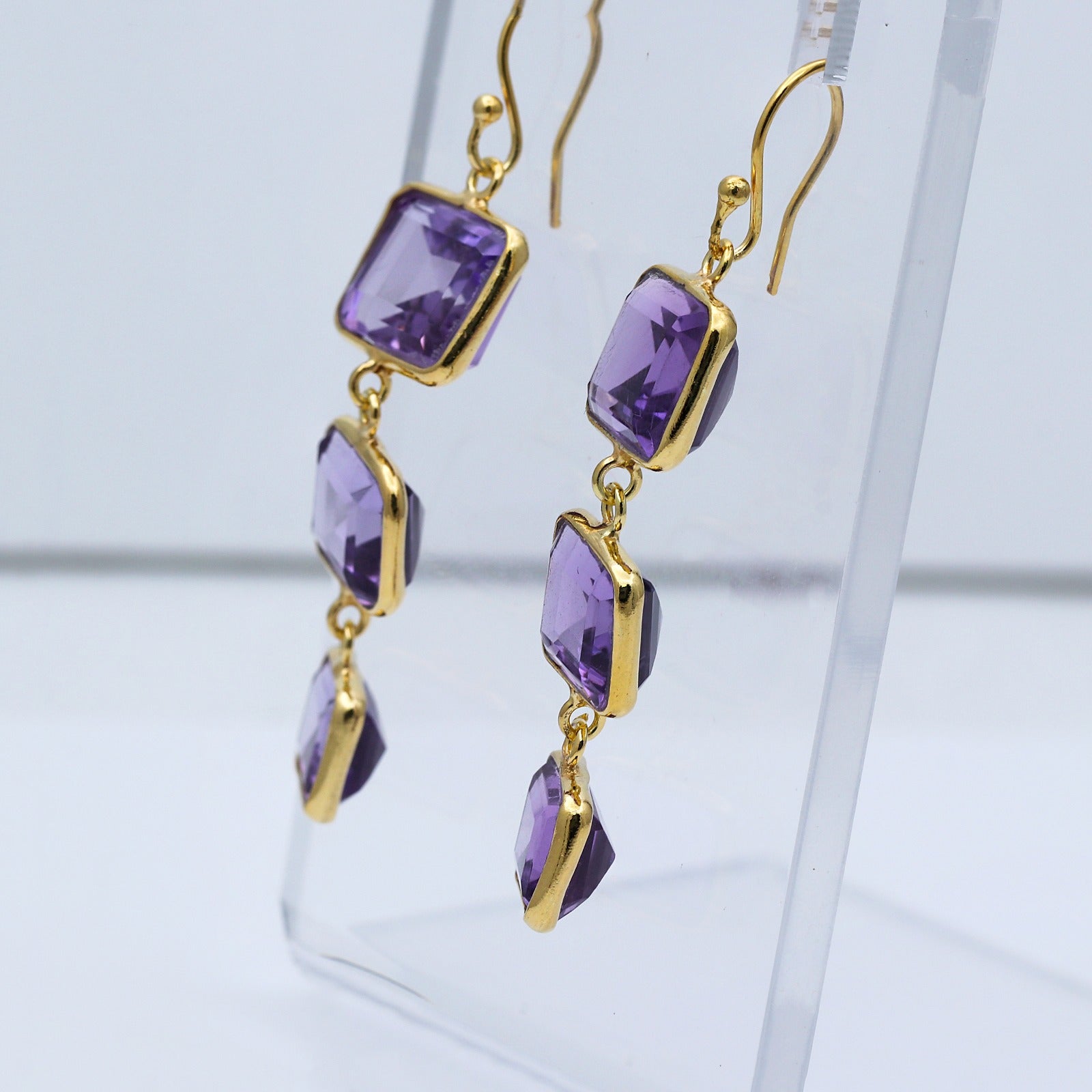 Natural Amethyst Dangle | Triple Stone Drops Earring | 925 Sterling Silver Earring.