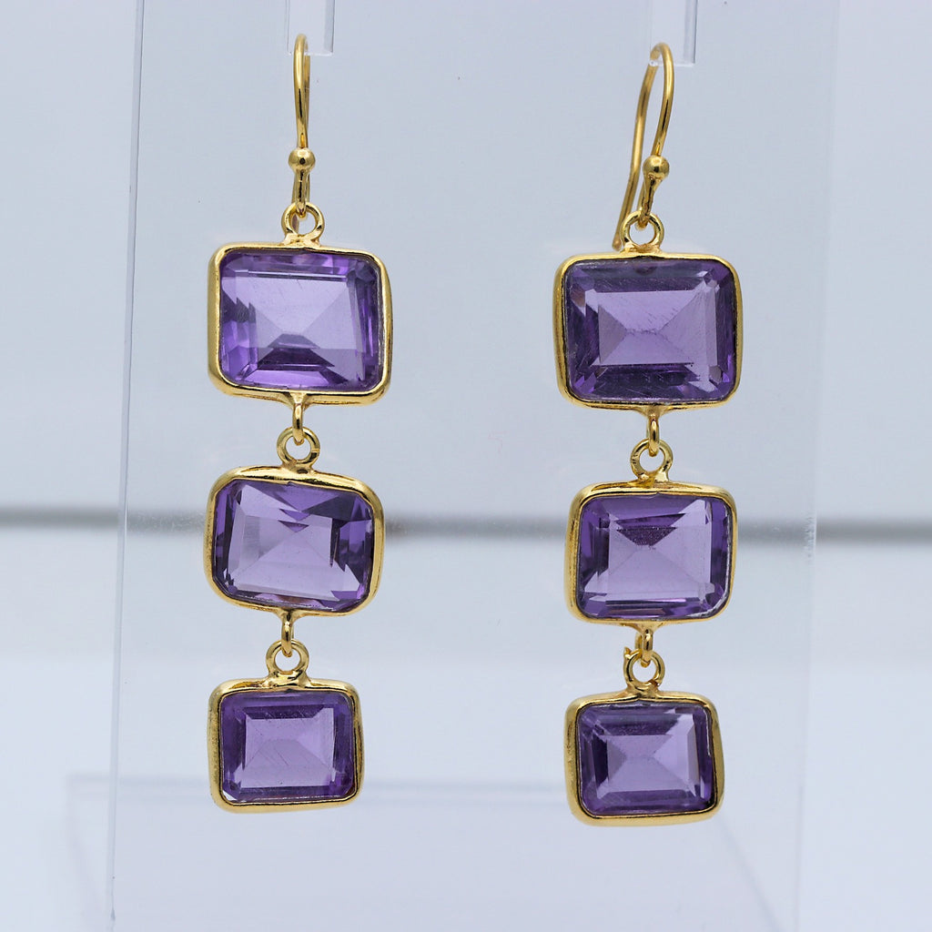 Natural Amethyst Dangle | Triple Stone Drops Earring | 925 Sterling Silver Earring.