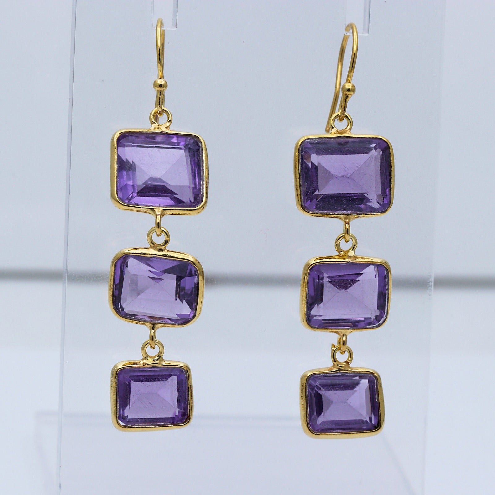 Natural Amethyst Dangle | Triple Stone Drops Earring | 925 Sterling Silver Earring.