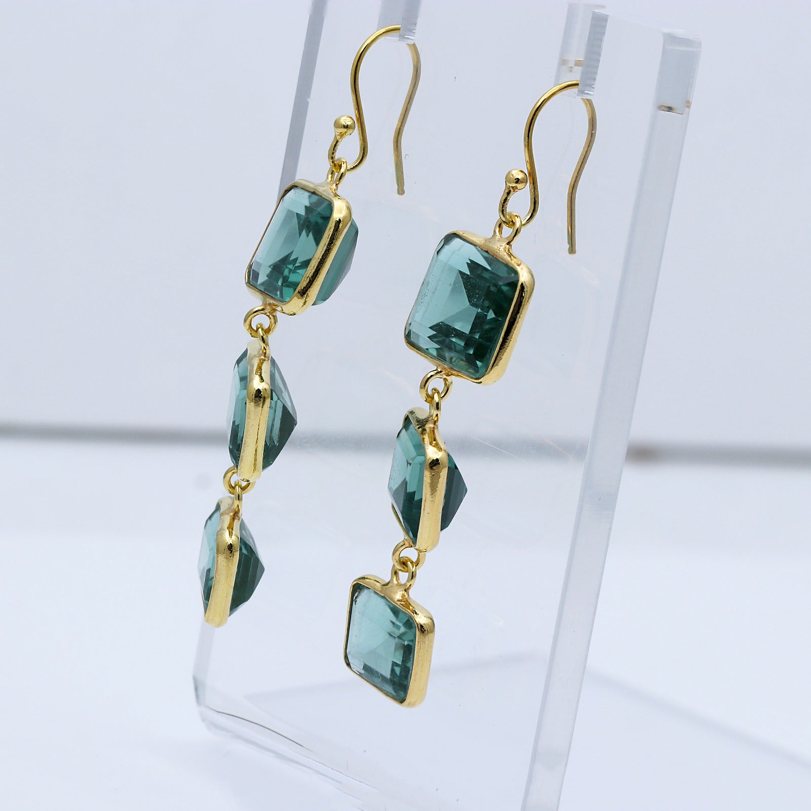 Green Tourmaline Dangle Earrings | Triple Stone Drops Earring | Sterling Silver Earring.