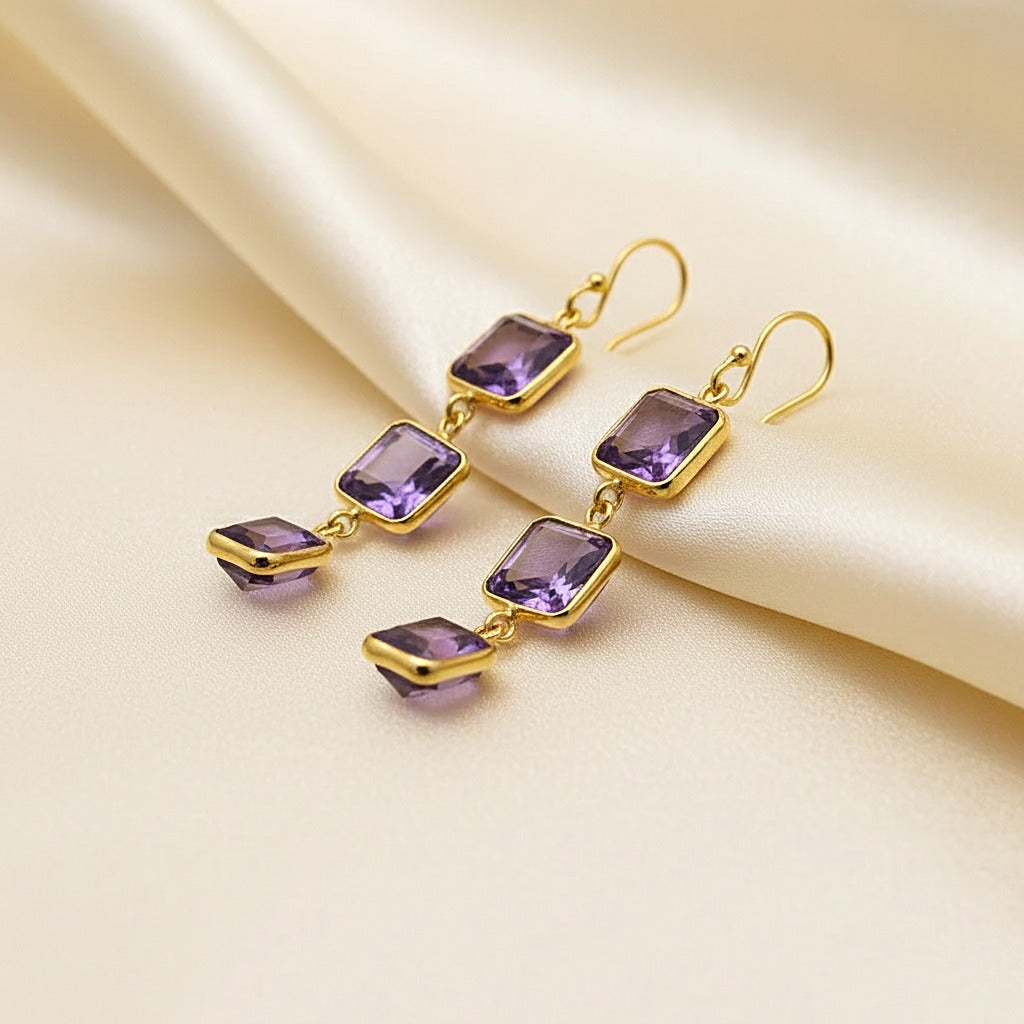 Natural Amethyst Dangle | Triple Stone Drops Earring | 925 Sterling Silver Earring.