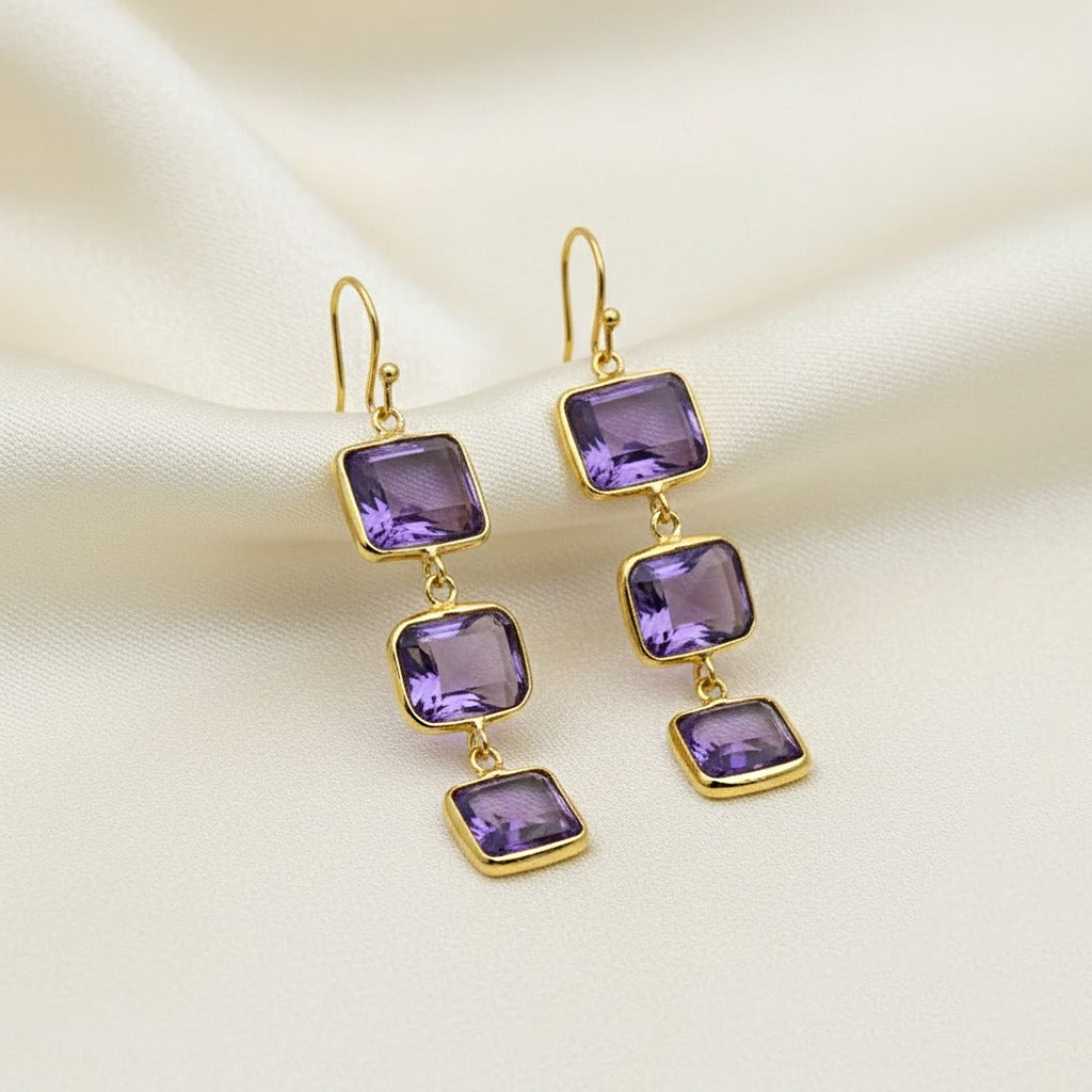 Natural Amethyst Dangle | Triple Stone Drops Earring | 925 Sterling Silver Earring.
