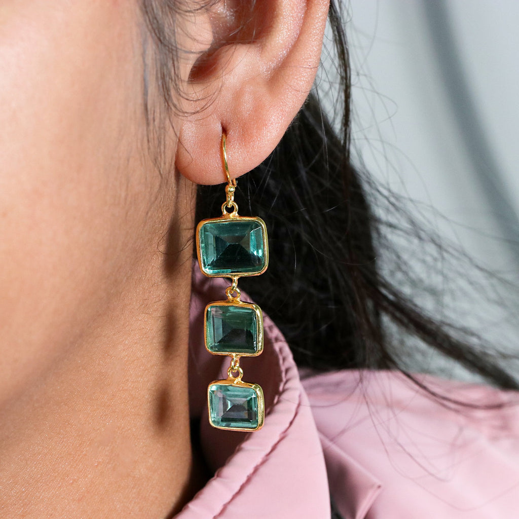 Green Tourmaline Dangle Earrings | Triple Stone Drops Earring | Sterling Silver Earring.