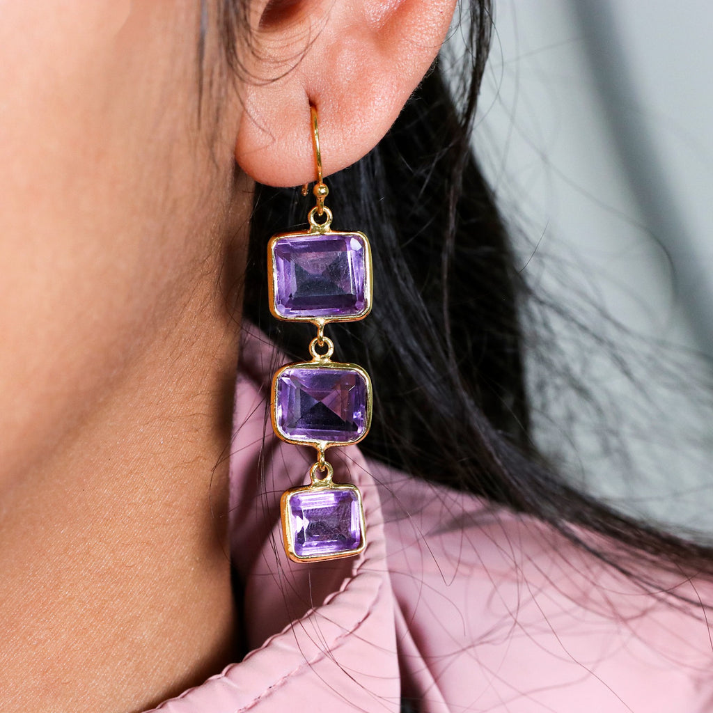 Natural Amethyst Dangle | Triple Stone Drops Earring | 925 Sterling Silver Earring.