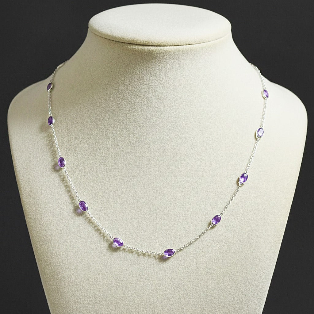 Natural Amethyst Station Necklace | Dainty Gemstone Silver Necklace | Handmade Jewelry.