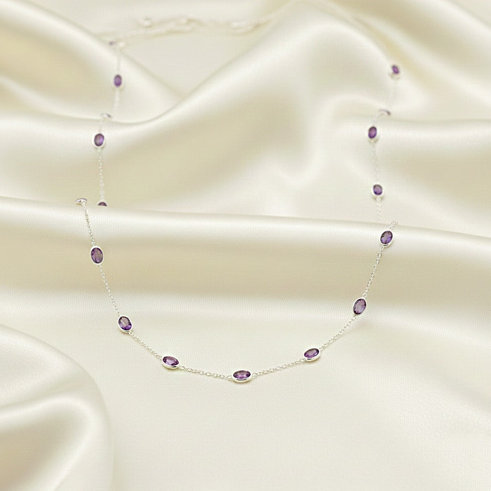 Natural Amethyst Station Necklace | Dainty Gemstone Silver Necklace | Handmade Jewelry.