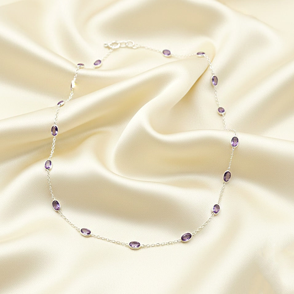 Natural Amethyst Station Necklace | Dainty Gemstone Silver Necklace | Handmade Jewelry.