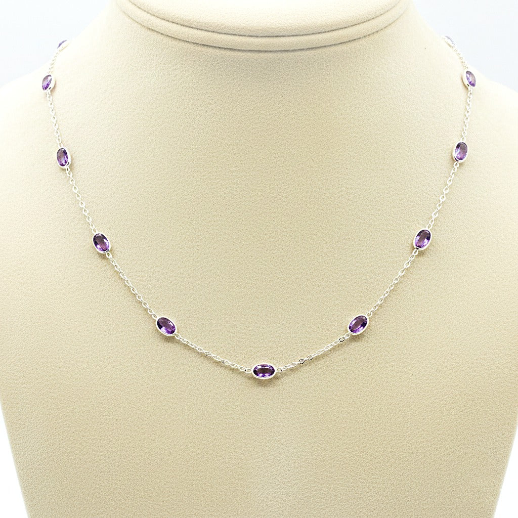 Natural Amethyst Station Necklace | Dainty Gemstone Silver Necklace | Handmade Jewelry.