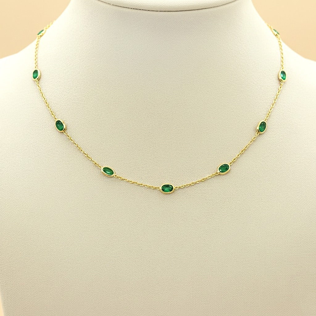 Natural Station Emerald Necklace | Dainty Gemstone Silver Necklace | Handmade Jewelry.