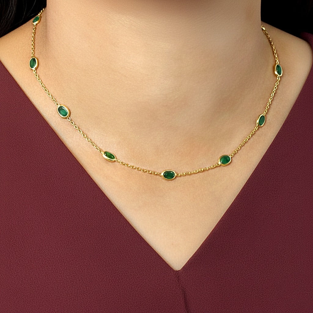 Natural Station Emerald Necklace | Dainty Gemstone Silver Necklace | Handmade Jewelry.
