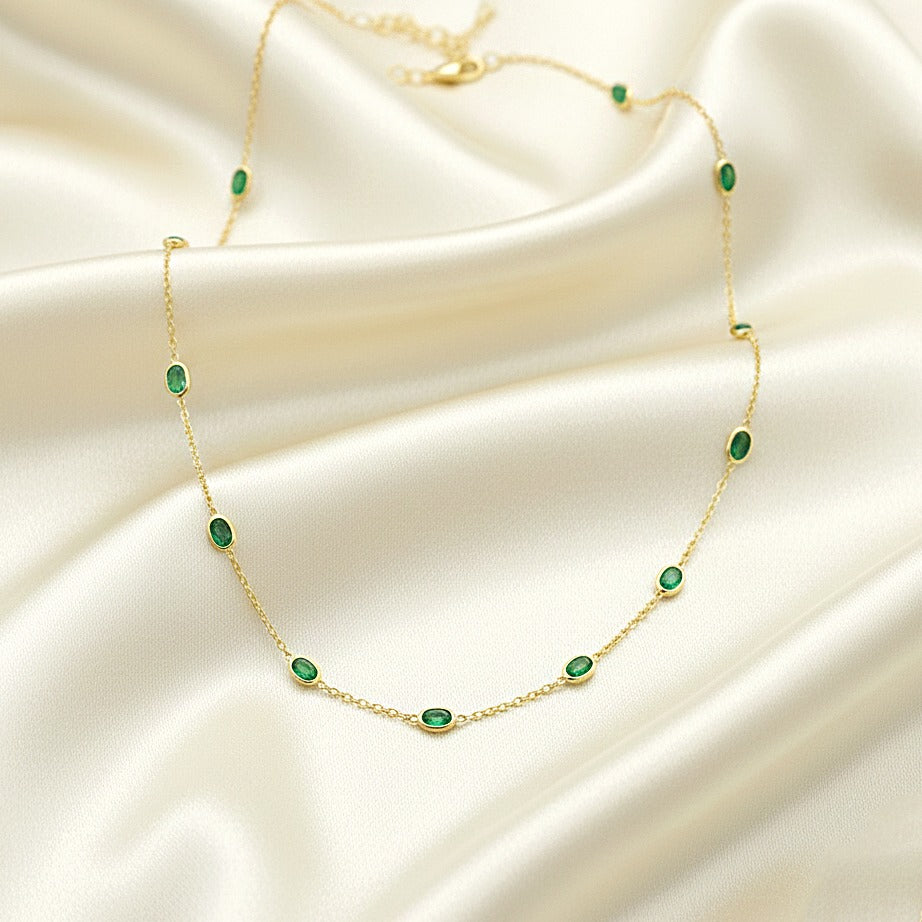 Natural Station Emerald Necklace | Dainty Gemstone Silver Necklace | Handmade Jewelry.