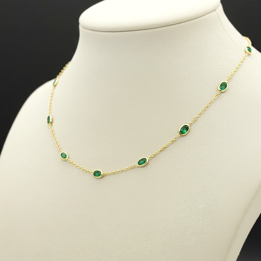 Natural Station Emerald Necklace | Dainty Gemstone Silver Necklace | Handmade Jewelry.