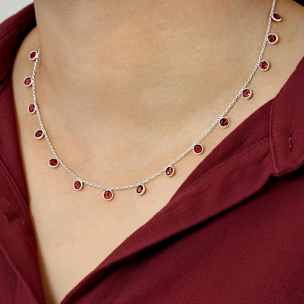 Natural Red Garnet Necklace | Dainty Silver Station Necklace | Handmade Jewelry.