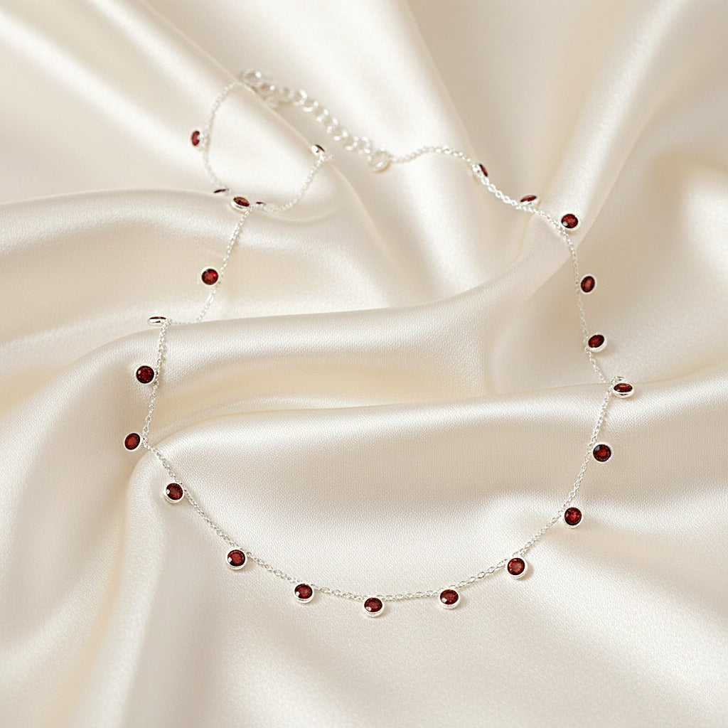 Natural Red Garnet Necklace | Dainty Silver Station Necklace | Handmade Jewelry.