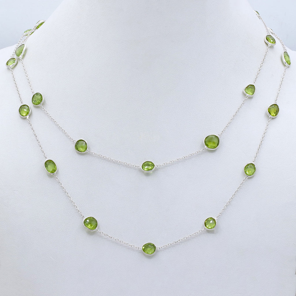 925 Silver Double Layer Natural Peridot Necklace | Dainty Station Necklace | August Birthstone.
