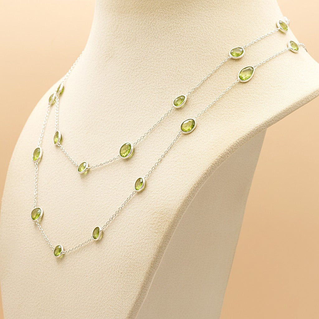Double Layer Natural Peridot Necklace | Dainty Silver Station Necklace | August Birthstone | Gift for Her.