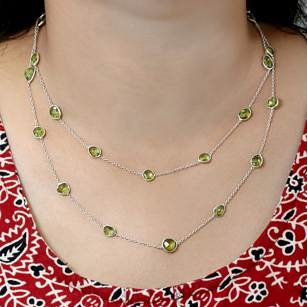 925 Silver Double Layer Natural Peridot Necklace | Dainty Station Necklace | August Birthstone.