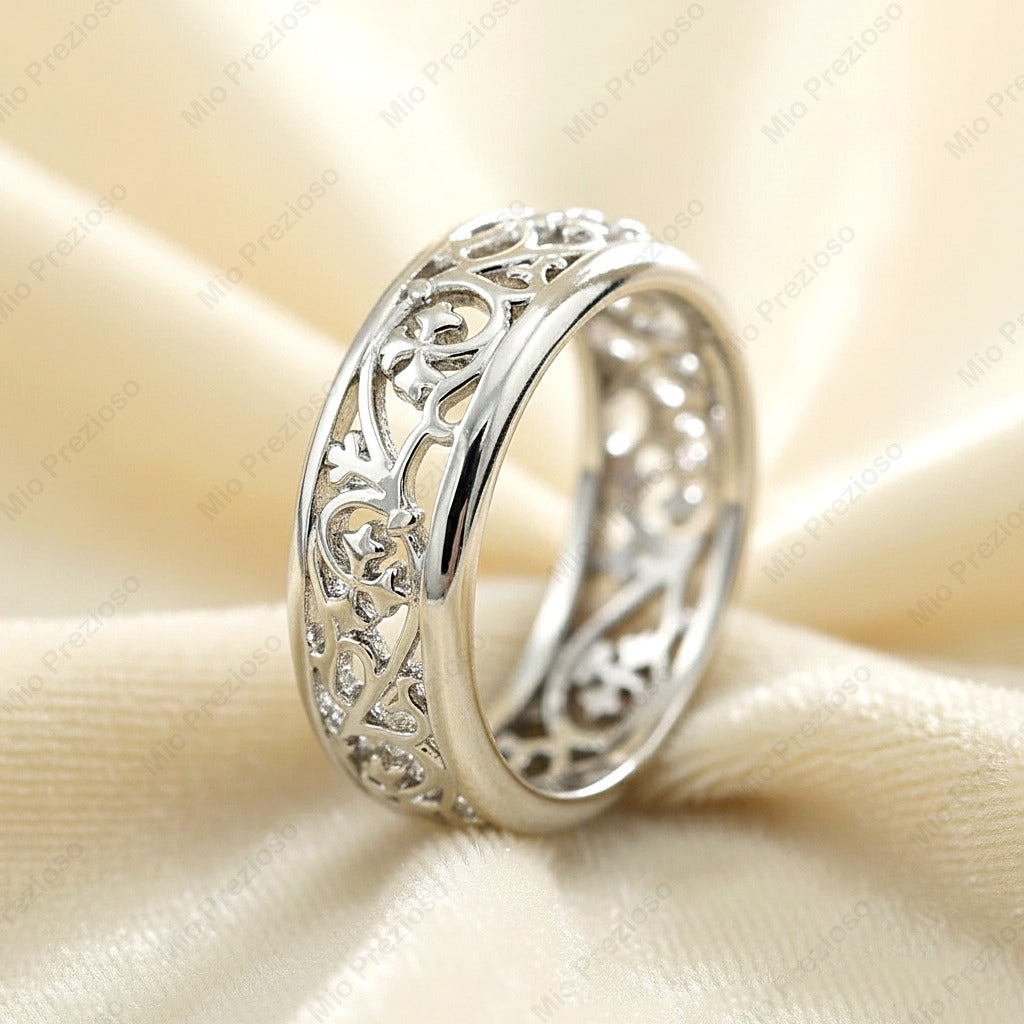 925 Sterling Silver Filigree Band Ring | Vintage Floral Pattern Ring | Boho Statement Jewelry.