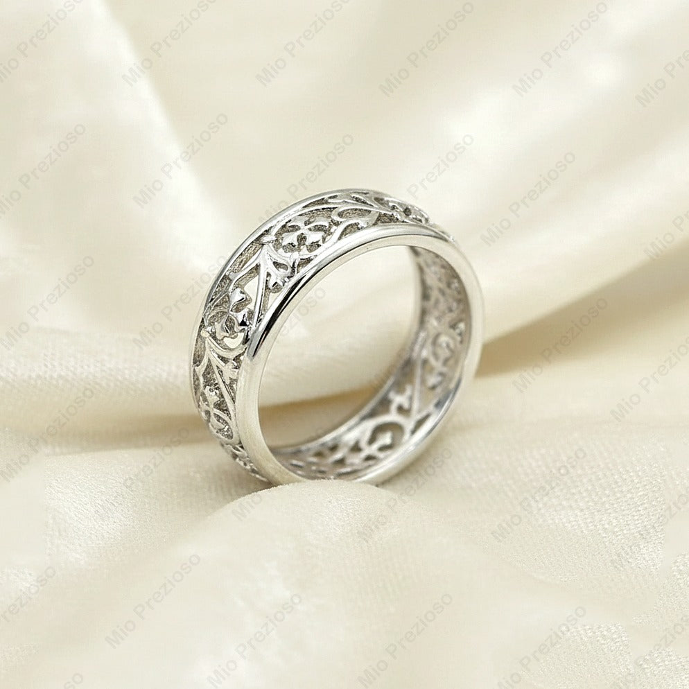 925 Sterling Silver Filigree Band Ring | Vintage Floral Pattern Ring | Boho Statement Jewelry.