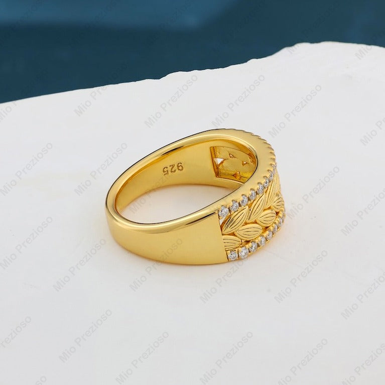 Handmade Cubic Zirconia Ring | Gold Plated Leaf Band | CZ Statement Ring.