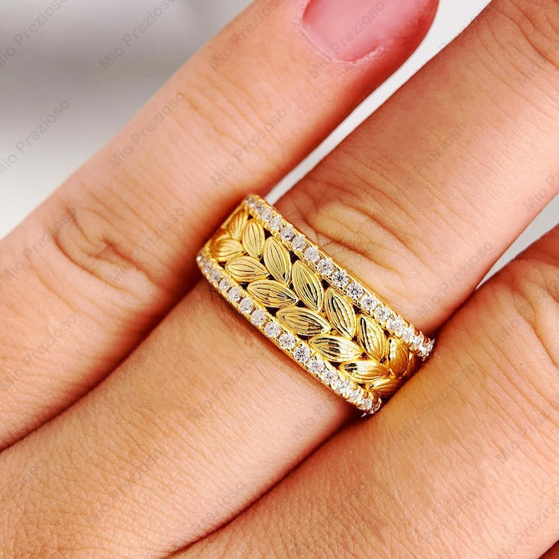 Handmade Cubic Zirconia Ring | Gold Plated Leaf Band | CZ Statement Ring.