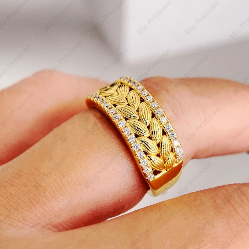 Handmade Cubic Zirconia Ring | Gold Plated Leaf Band | CZ Statement Ring.