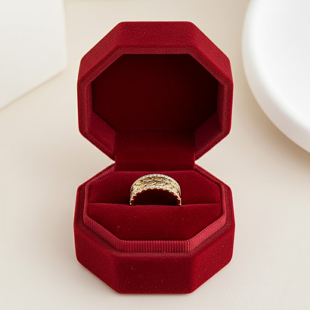 Handmade Cubic Zirconia Ring | Gold Plated Leaf Band | CZ Statement Ring.