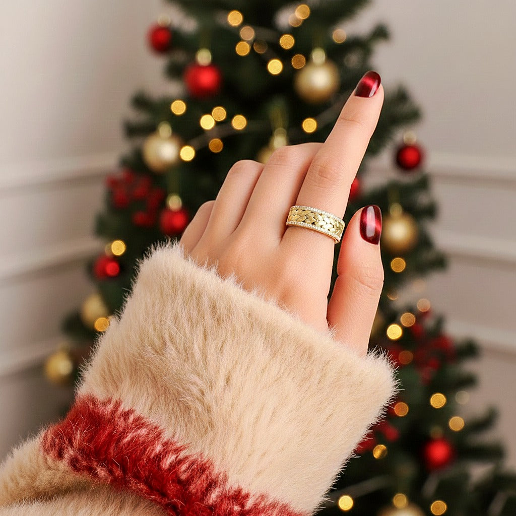 Handmade Cubic Zirconia Ring | Gold Plated Leaf Band | CZ Statement Ring.